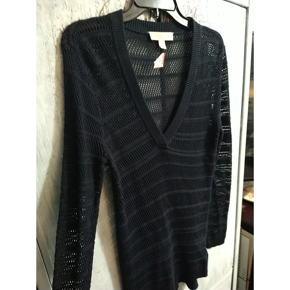 Michael Kors V-neck Netted Navy Blue Small Tunic Sweater Boho Cottage Core